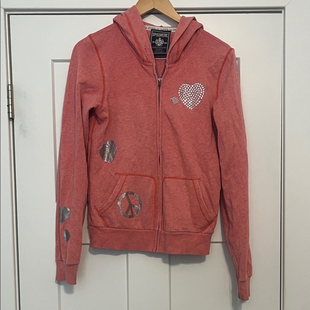 Y2K 2009 PINK Victoria's Secret Pink Zip-Up Hoodie Silver Heart & Peace Medium